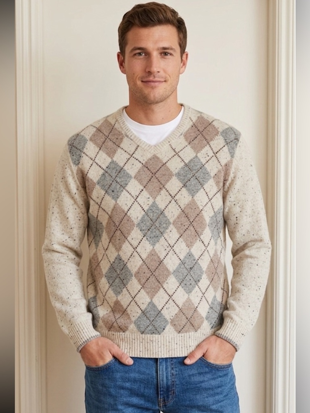 Jos A Bank 1905 Collection men's v-neck sweater Donegal argyle pattern SZE X-L